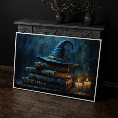 Witch Hat on Old Books with Candles. Gothic Fantasy Canvas Art in white floating frame