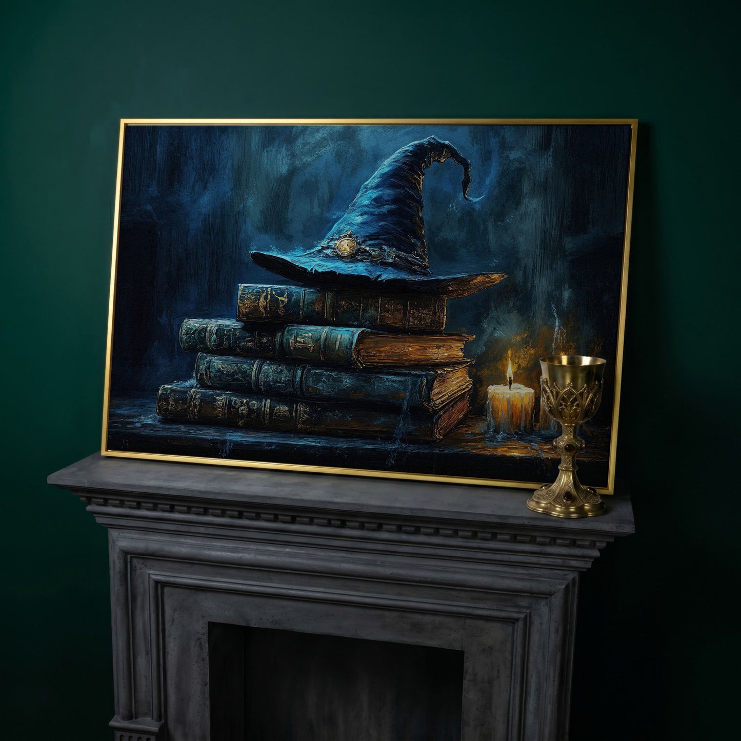 Witch Hat on Old Books with Candles. Gothic Fantasy Canvas Art in yellow gold floating frame