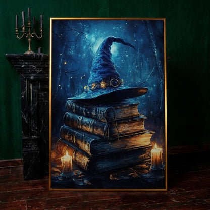 Witch Hat and Books Canvas Print, Dark Forest Halloween Wall Art in antique gold floating frame