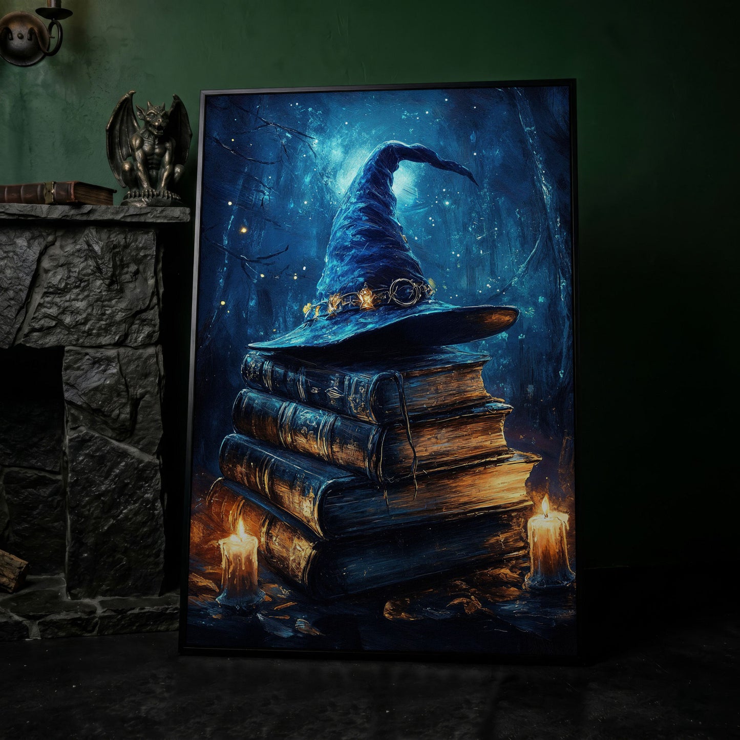 Witch Hat and Books Canvas Print, Dark Forest Halloween Wall Art in black floating frame