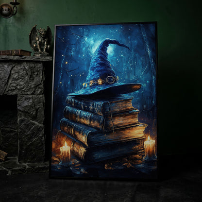 Witch Hat and Books Canvas Print, Dark Forest Halloween Wall Art in black floating frame