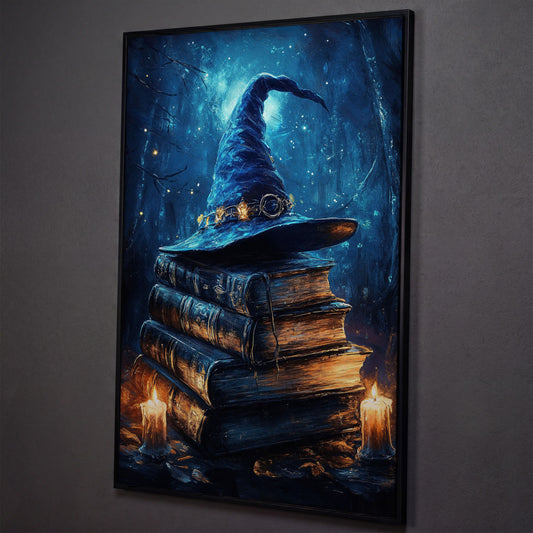 Witch Hat and Books Canvas Print, Dark Forest Halloween Wall Art shown in black floating frame