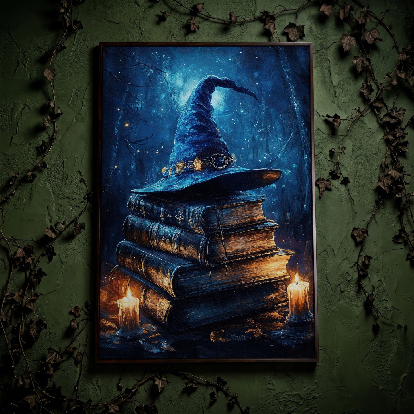 Witch Hat and Books Canvas Print, Dark Forest Halloween Wall Art in dark walnut floating frame