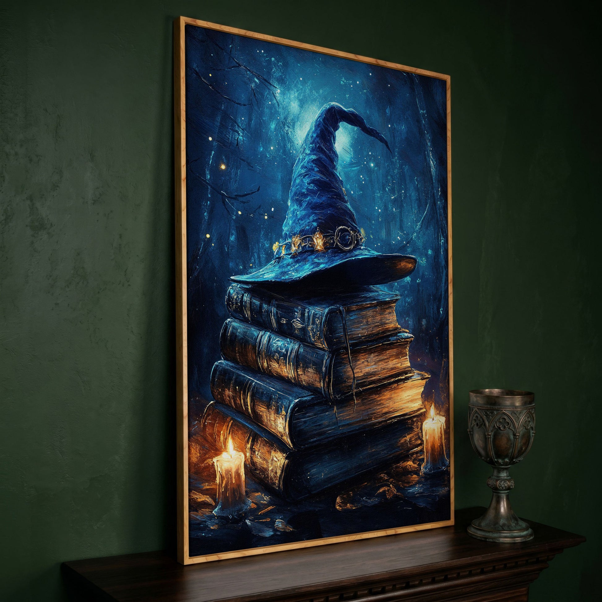 Witch Hat and Books Canvas Print, Dark Forest Halloween Wall Art in white oak floating frame