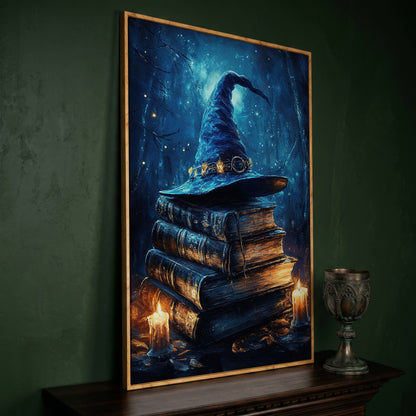 Witch Hat and Books Canvas Print, Dark Forest Halloween Wall Art in white oak floating frame