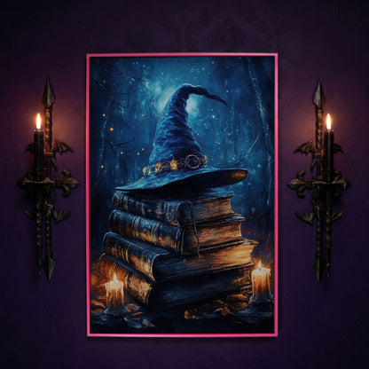 Witch Hat and Books Canvas Print, Dark Forest Halloween Wall Art in pink floating frame