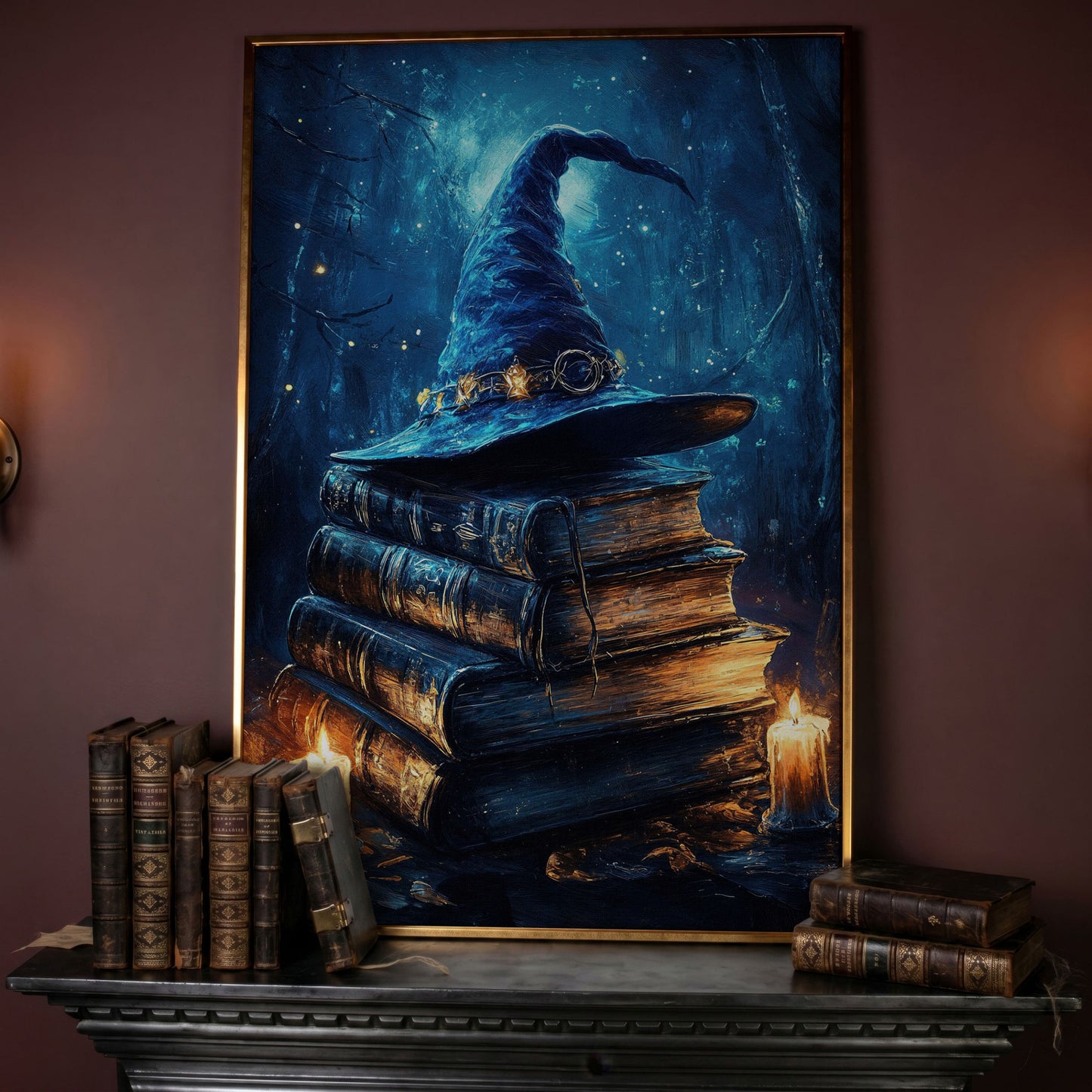 Witch Hat and Books Canvas Print, Dark Forest Halloween Wall Art in rose gold floating frame