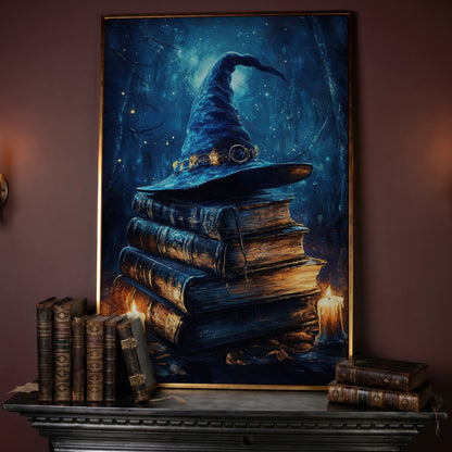 Witch Hat and Books Canvas Print, Dark Forest Halloween Wall Art in rose gold floating frame