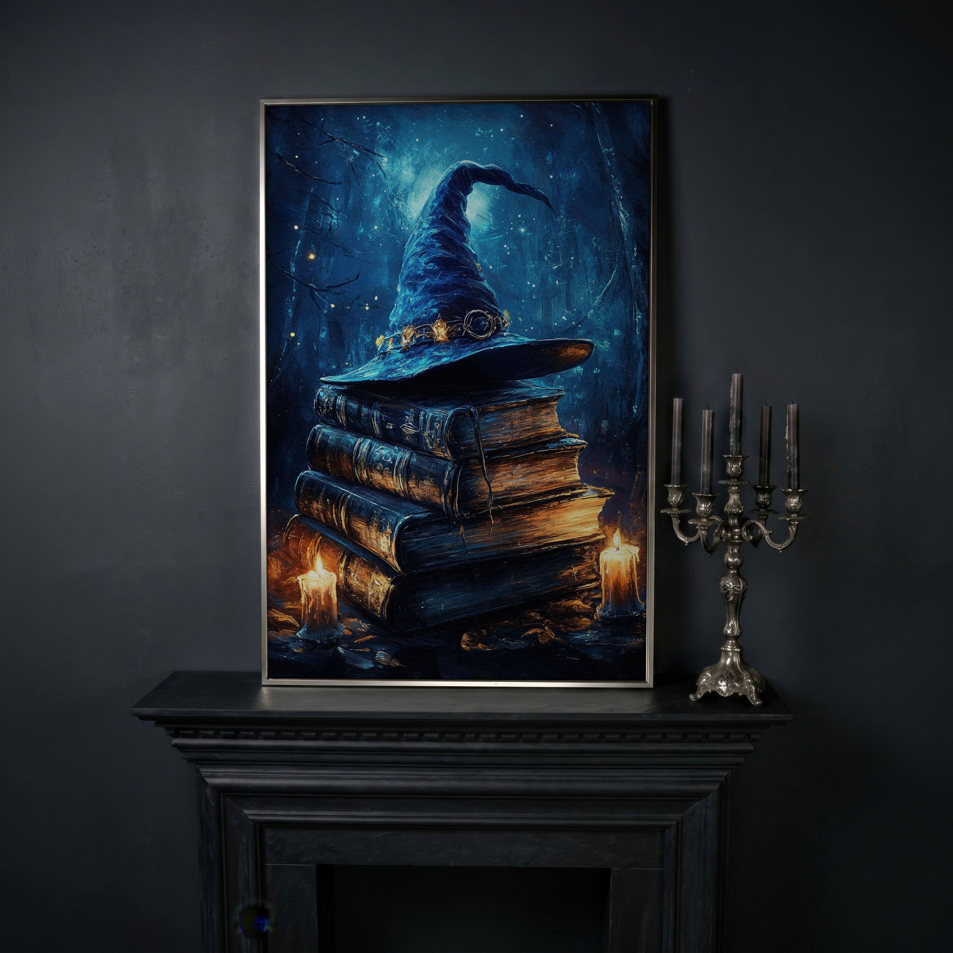 Witch Hat and Books Canvas Print, Dark Forest Halloween Wall Art in silver floating frame