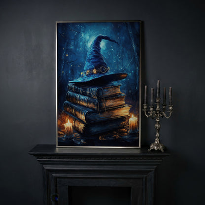 Witch Hat and Books Canvas Print, Dark Forest Halloween Wall Art in silver floating frame