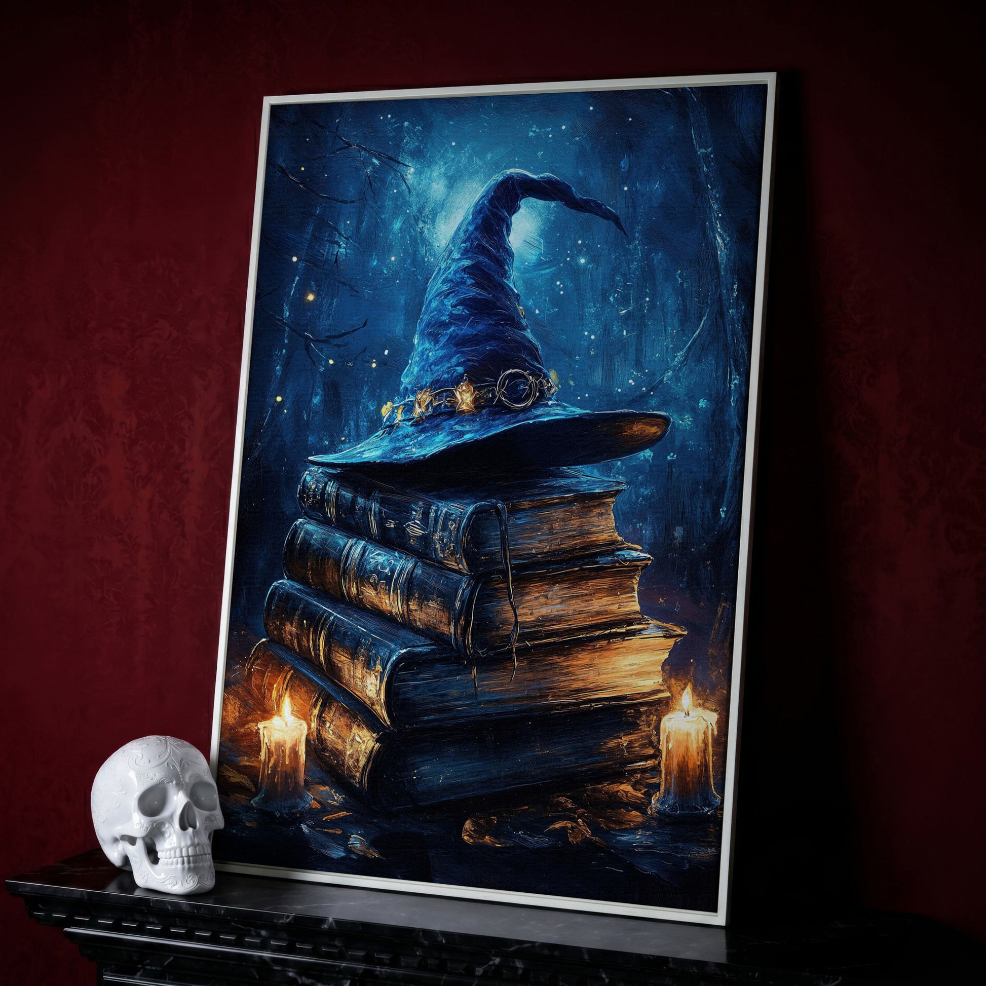 Witch Hat and Books Canvas Print, Dark Forest Halloween Wall Art in white floating frame