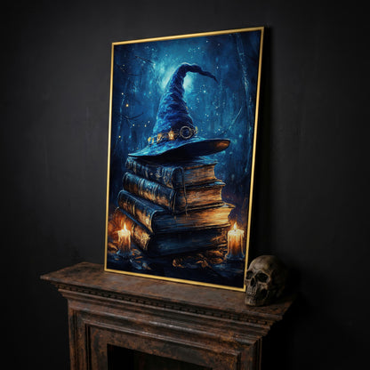 Witch Hat and Books Canvas Print, Dark Forest Halloween Wall Art in yellow gold floating frame