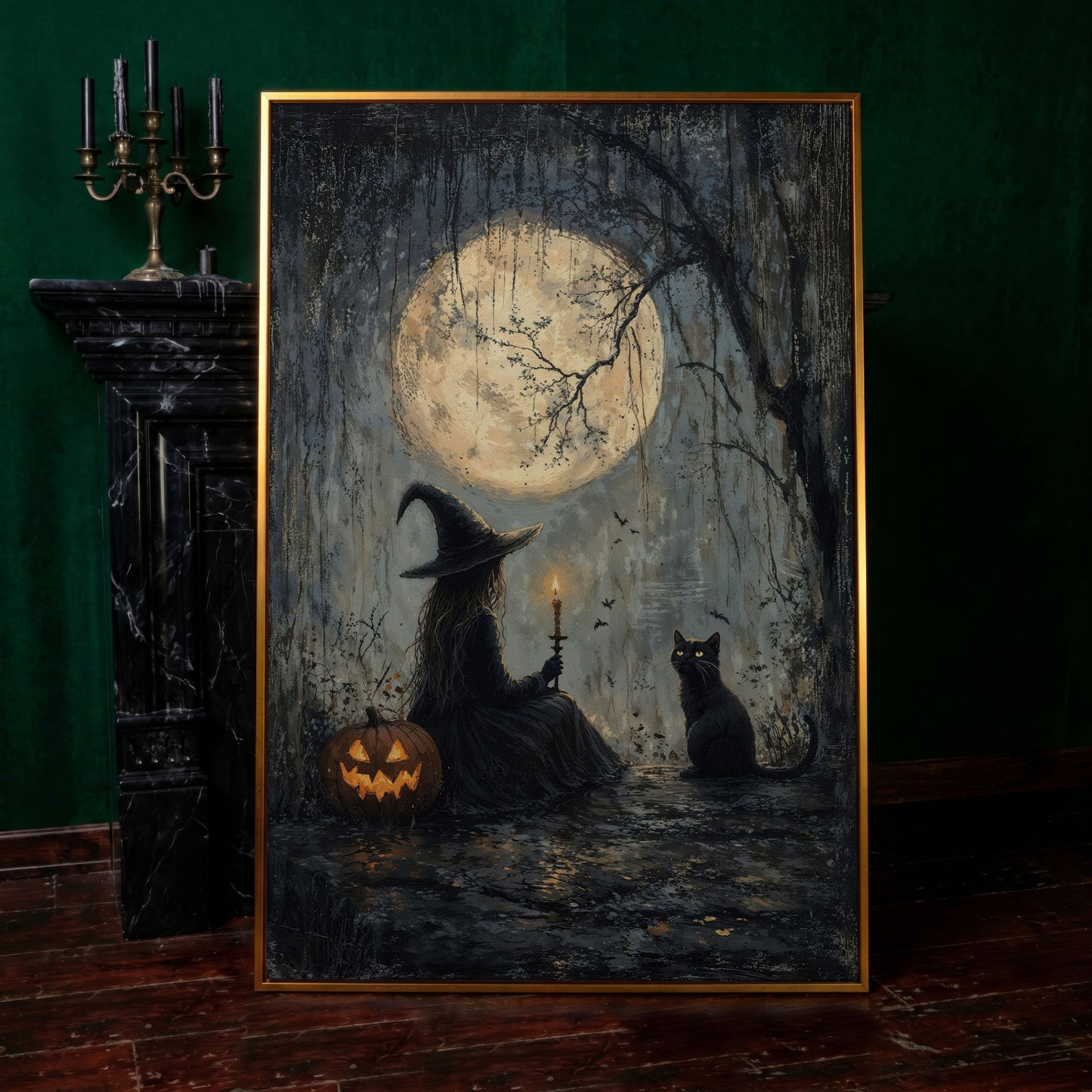 Witch with Cat Under Moon Canvas Print in antique gold floating frame