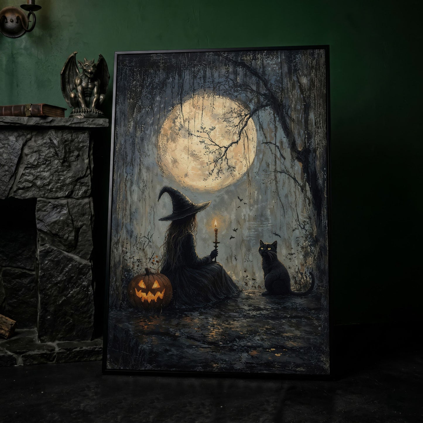 Witch with Cat Under Moon Canvas Print in black floating frame