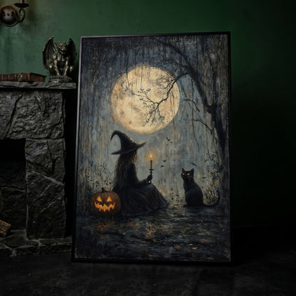 Witch with Cat Under Moon Canvas Print in black floating frame