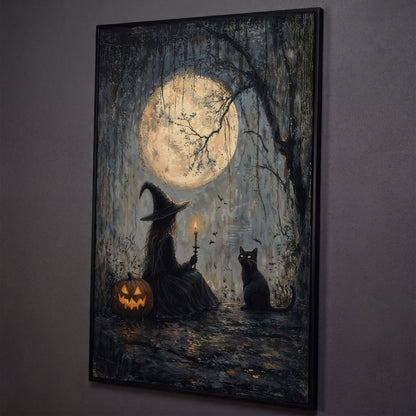 Witch with Cat Under Moon Canvas Print shown in black floating frame