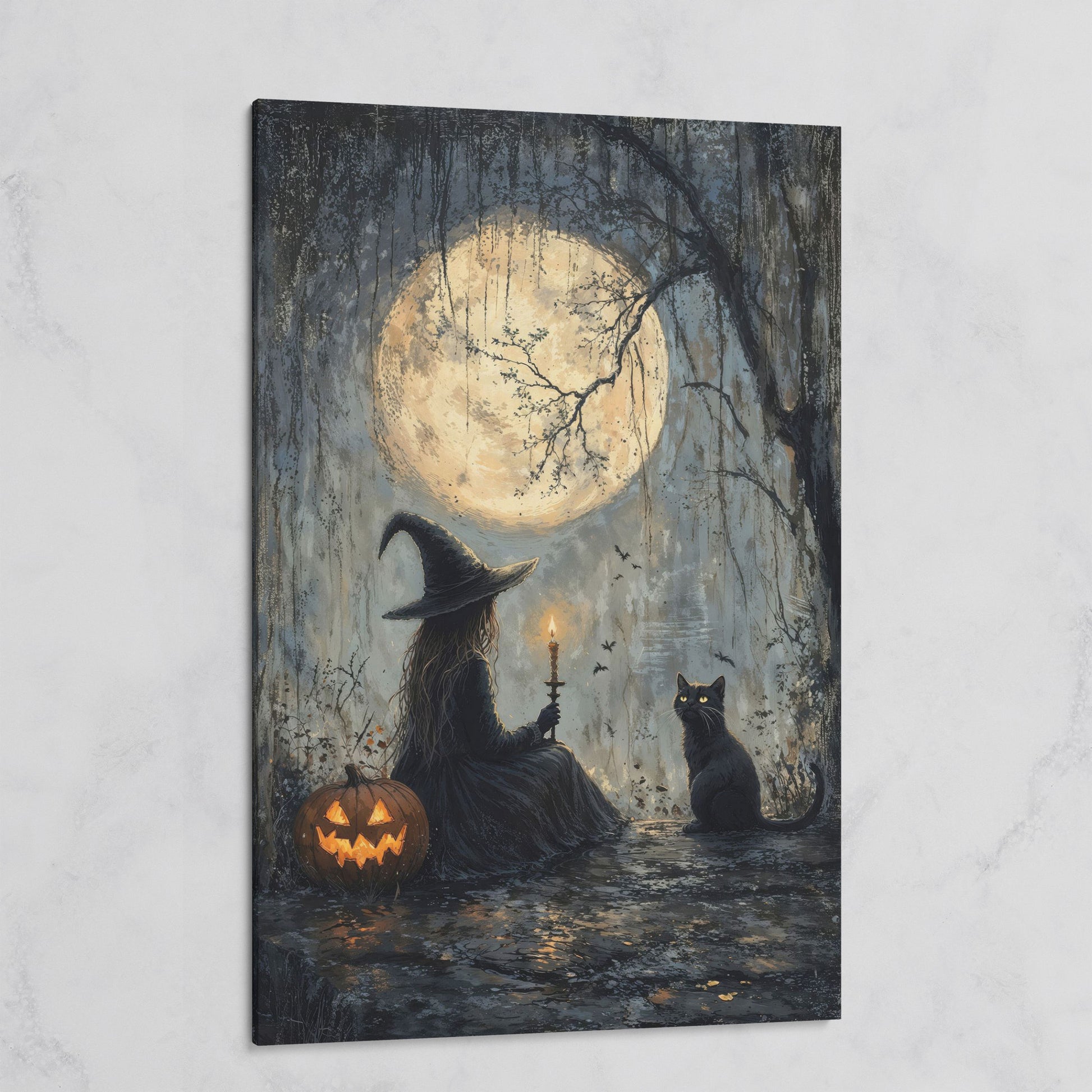 Witch with Cat Under Moon Canvas Print on gallery wrap