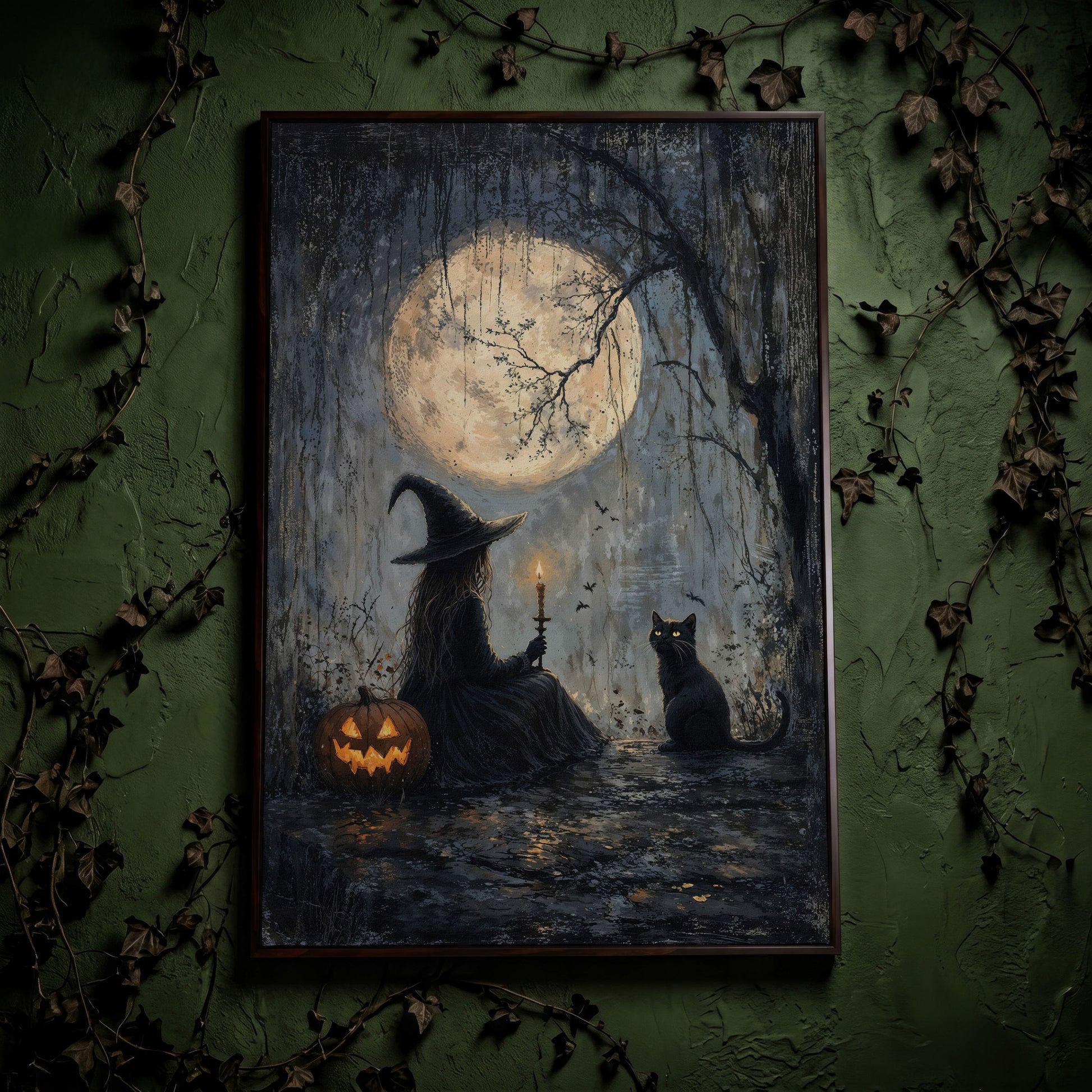 Witch with Cat Under Moon Canvas Print in dark walnut floating frame