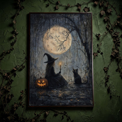 Witch with Cat Under Moon Canvas Print in dark walnut floating frame