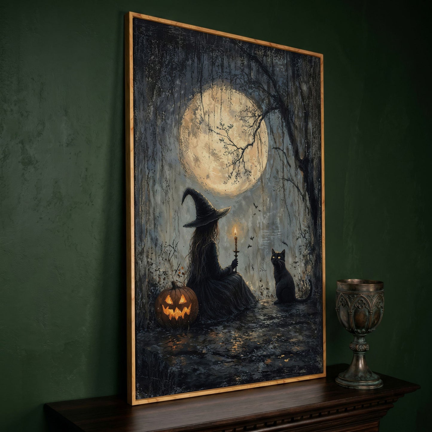 Witch with Cat Under Moon Canvas Print in white oak floating frame