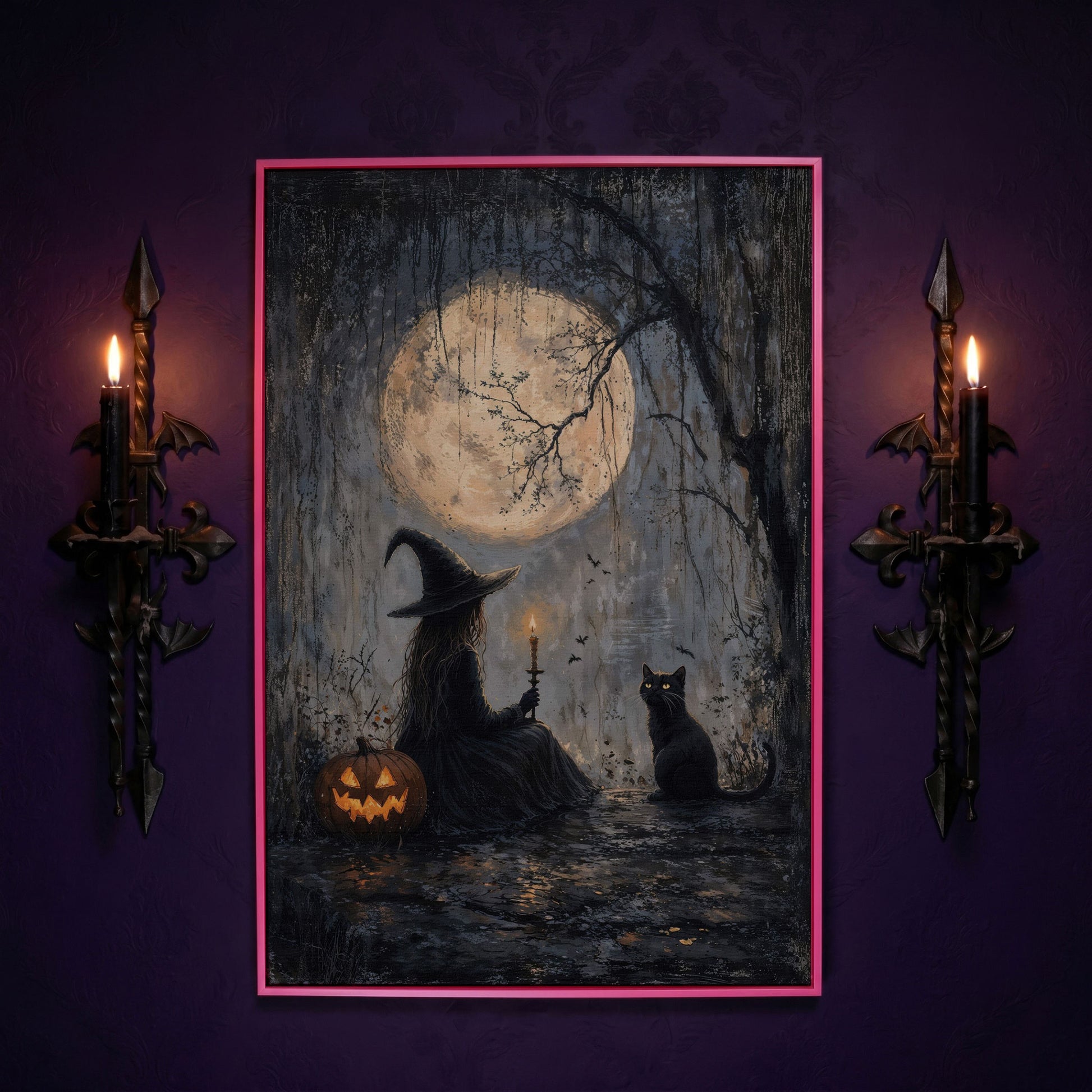 Witch with Cat Under Moon Canvas Print in pink floating frame