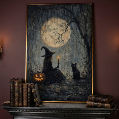 Witch with Cat Under Moon Canvas Print in rose gold floating frame