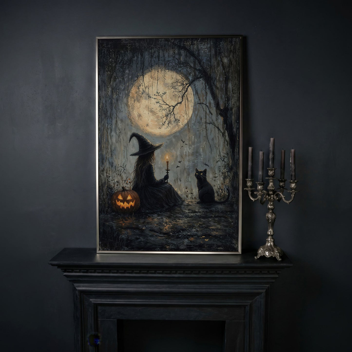 Witch with Cat Under Moon Canvas Print in silver floating frame
