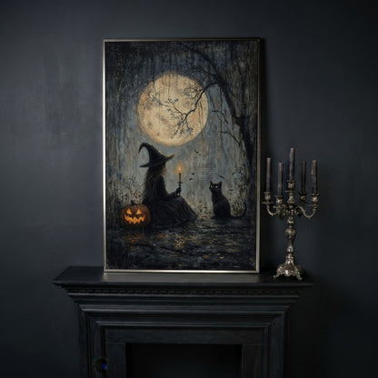 Witch with Cat Under Moon Canvas Print in silver floating frame