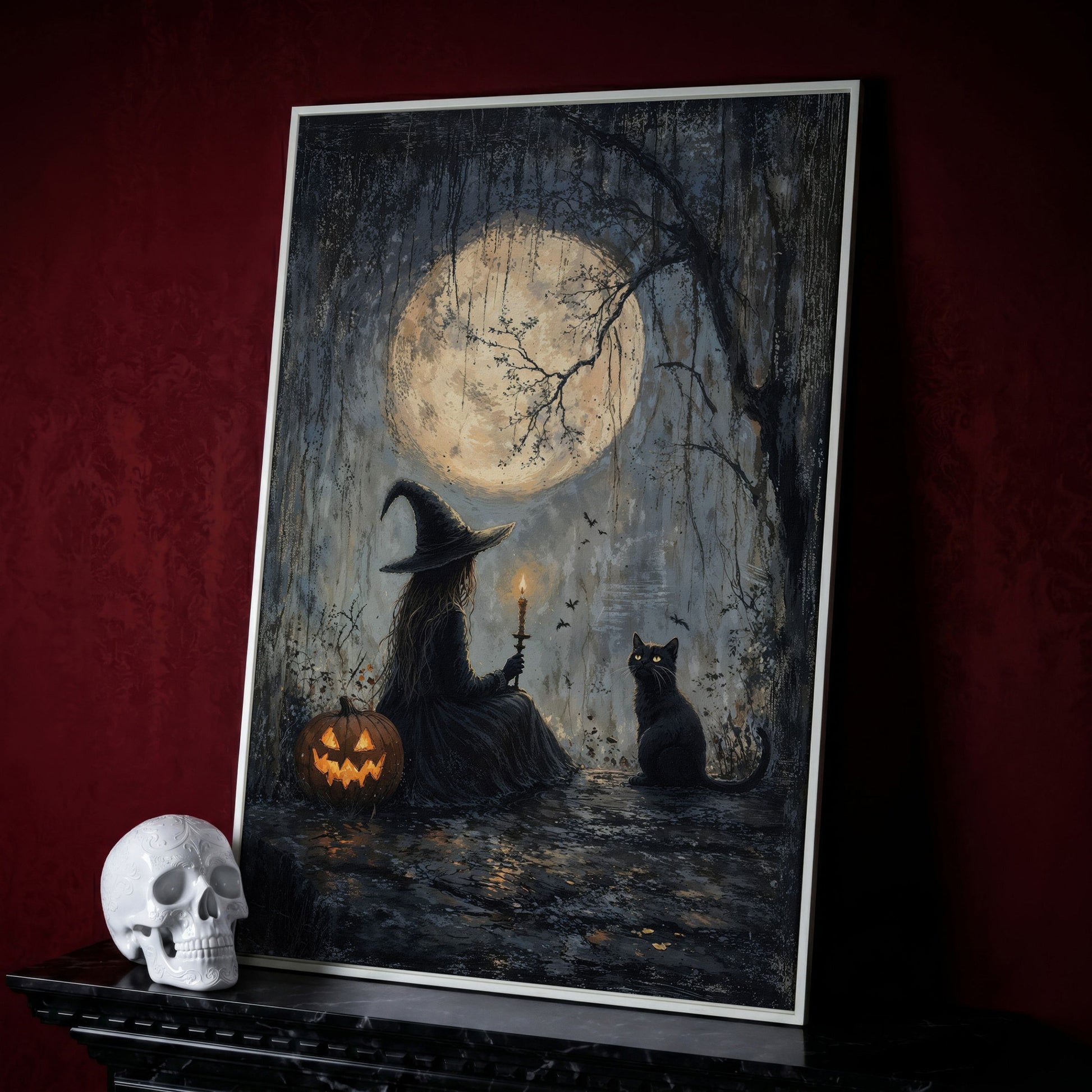 Witch with Cat Under Moon Canvas Print in white floating frame