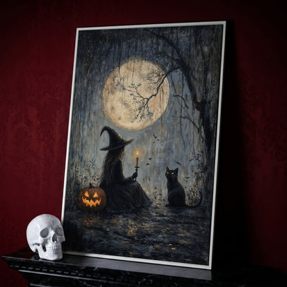 Witch with Cat Under Moon Canvas Print in white floating frame
