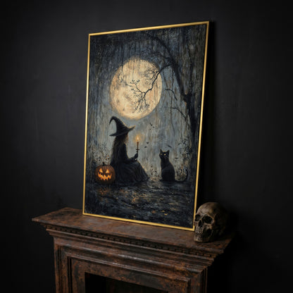 Witch with Cat Under Moon Canvas Print in yellow gold floating frame