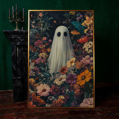 Whimsical Ghost in Floral Garden Canvas in antique gold floating frame