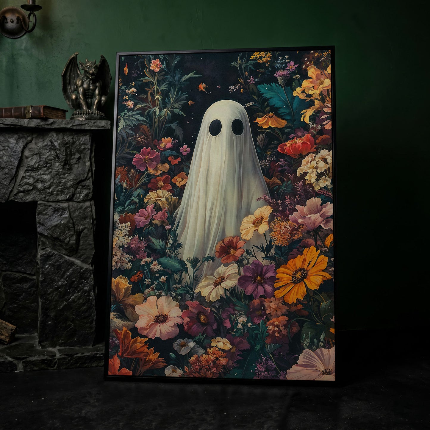 Whimsical Ghost in Floral Garden Canvas in black floating frame