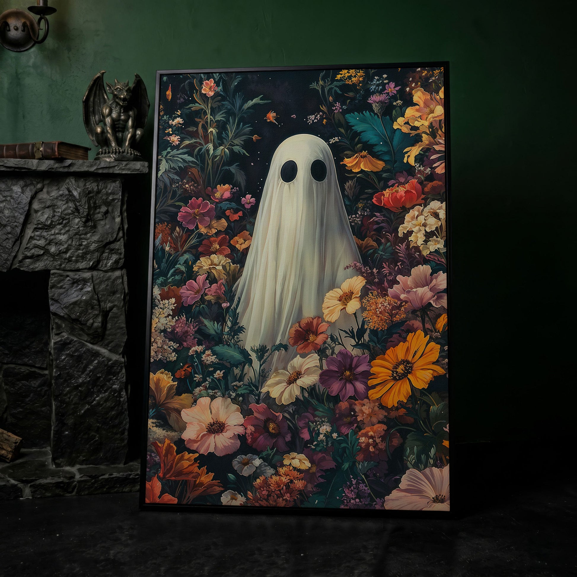 Whimsical Ghost in Floral Garden Canvas in black floating frame