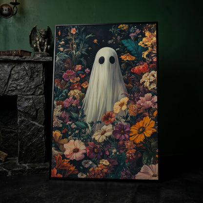 Whimsical Ghost in Floral Garden Canvas in black floating frame