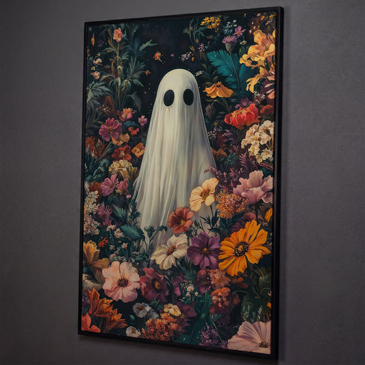 Whimsical Ghost in Floral Garden Canvas shown in black floating frame