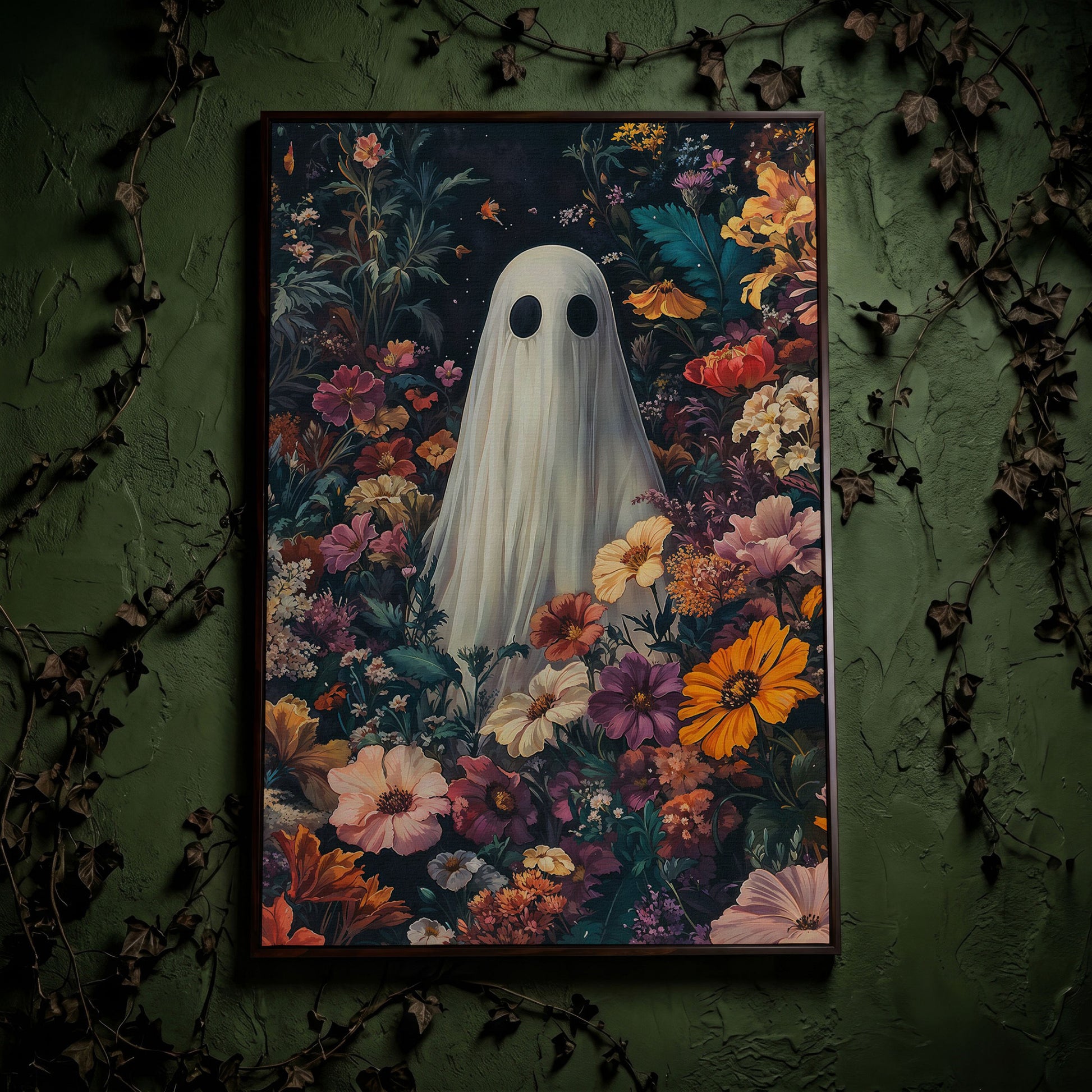Whimsical Ghost in Floral Garden Canvas in dark walnut floating frame