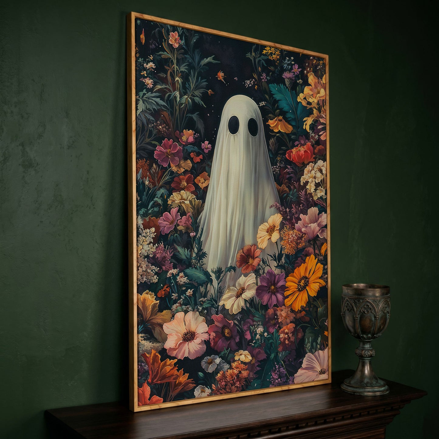 Whimsical Ghost in Floral Garden Canvas in white oak floating frame