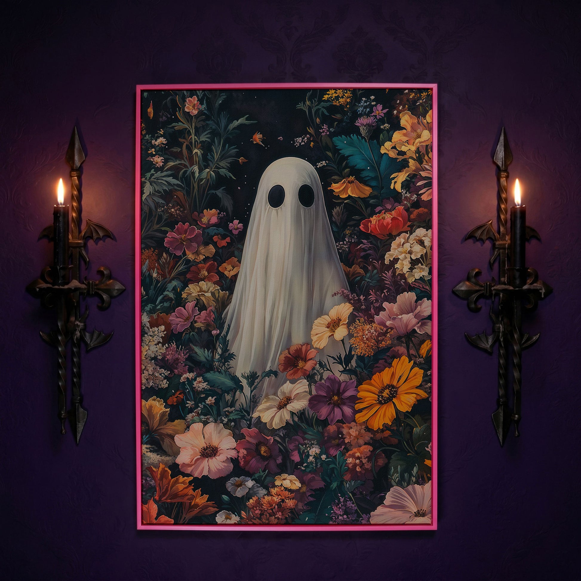 Whimsical Ghost in Floral Garden Canvas in pink floating frame