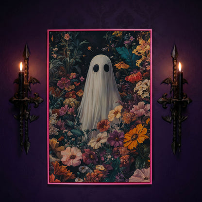 Whimsical Ghost in Floral Garden Canvas in pink floating frame