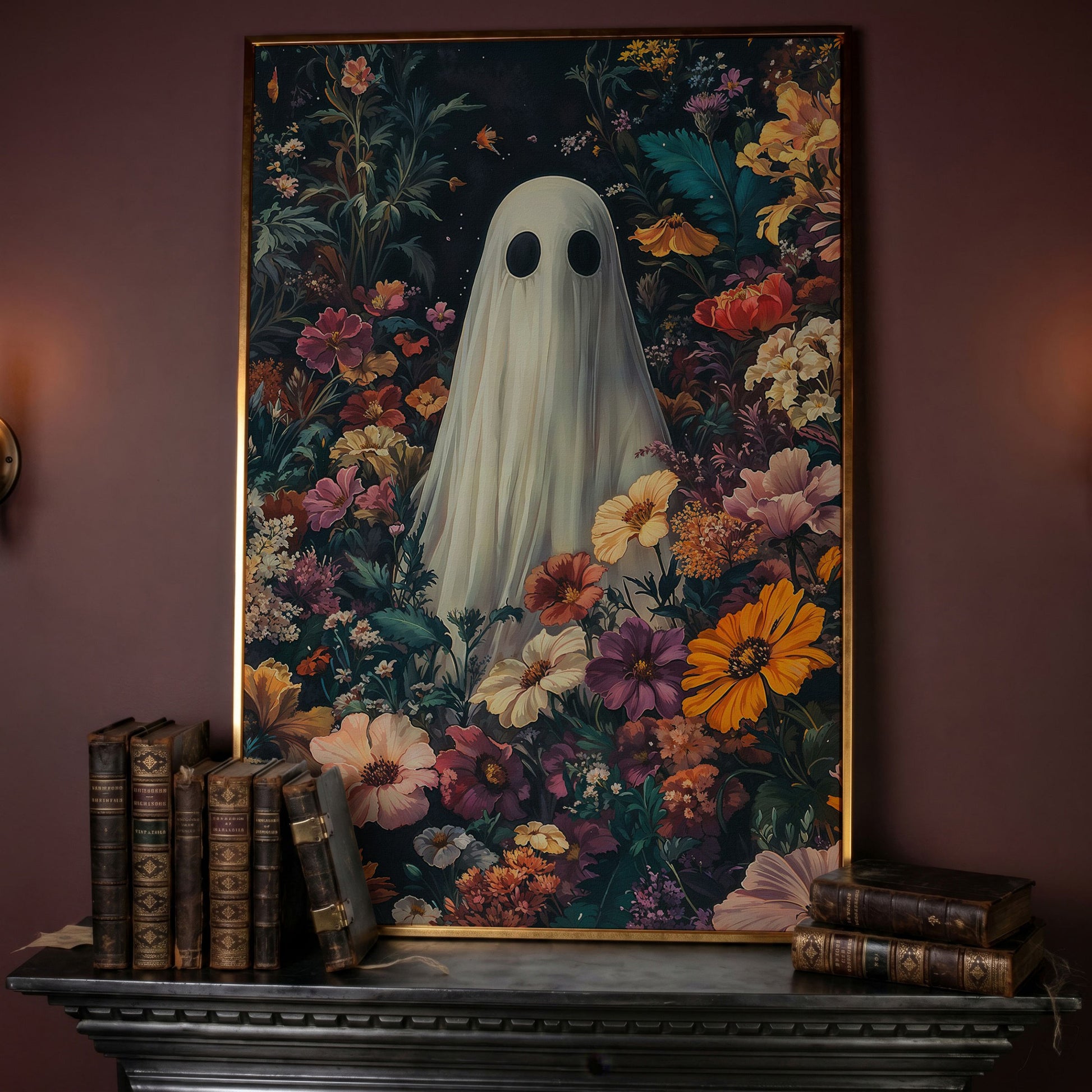 Whimsical Ghost in Floral Garden Canvas in rose gold floating frame