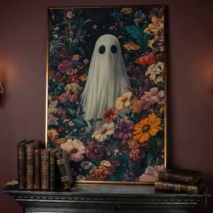 Whimsical Ghost in Floral Garden Canvas in rose gold floating frame