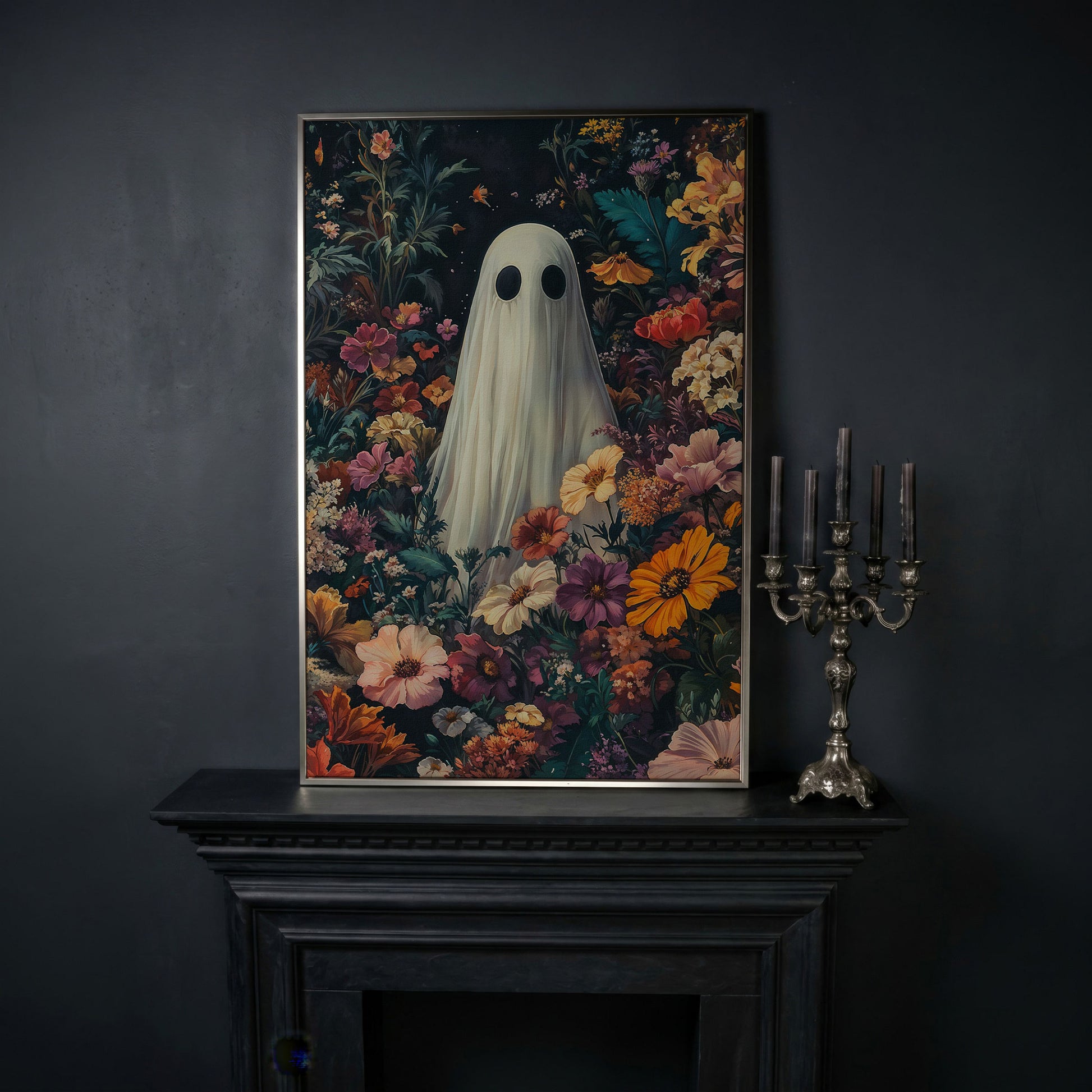 Whimsical Ghost in Floral Garden Canvas in silver floating frame