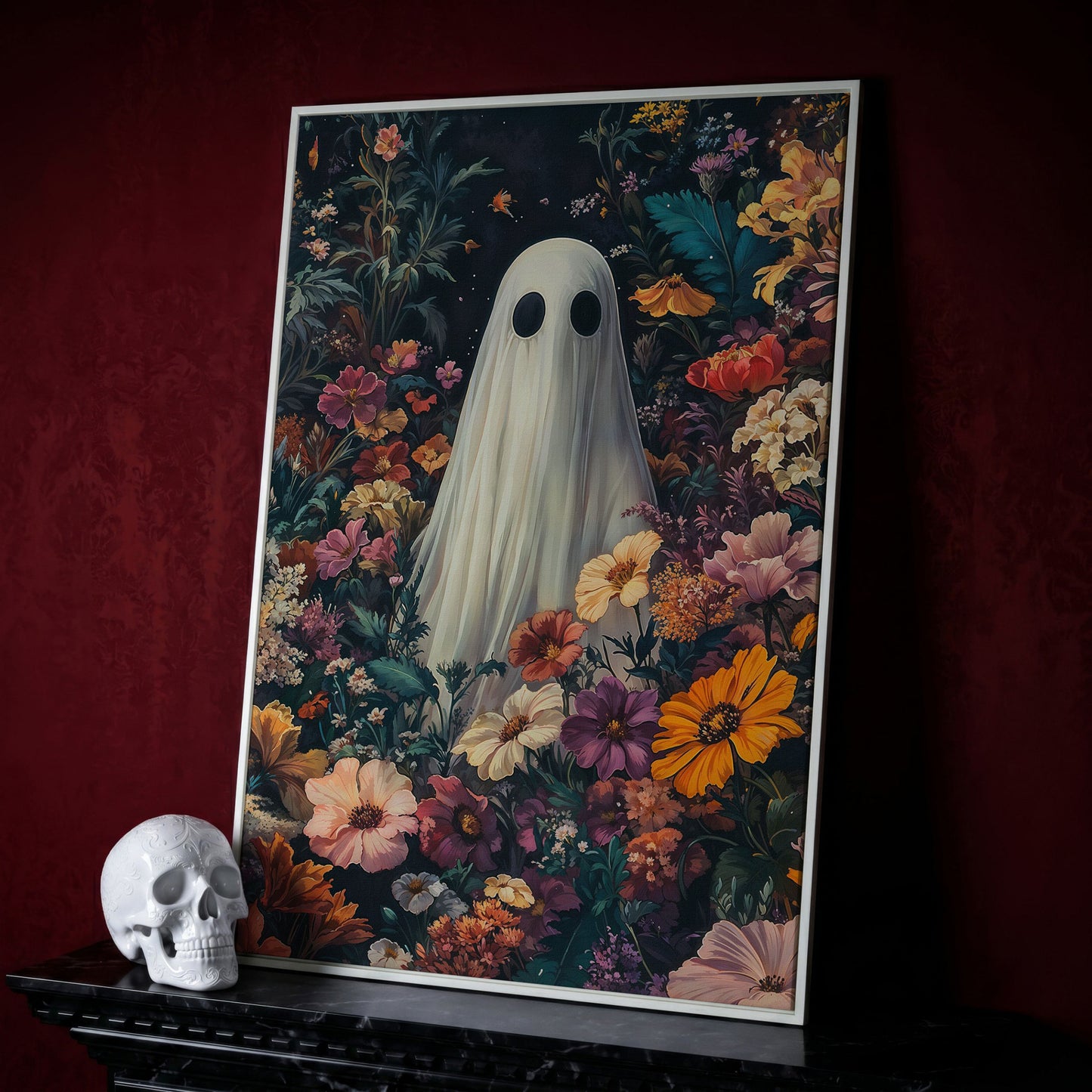 Whimsical Ghost in Floral Garden Canvas in white floating frame