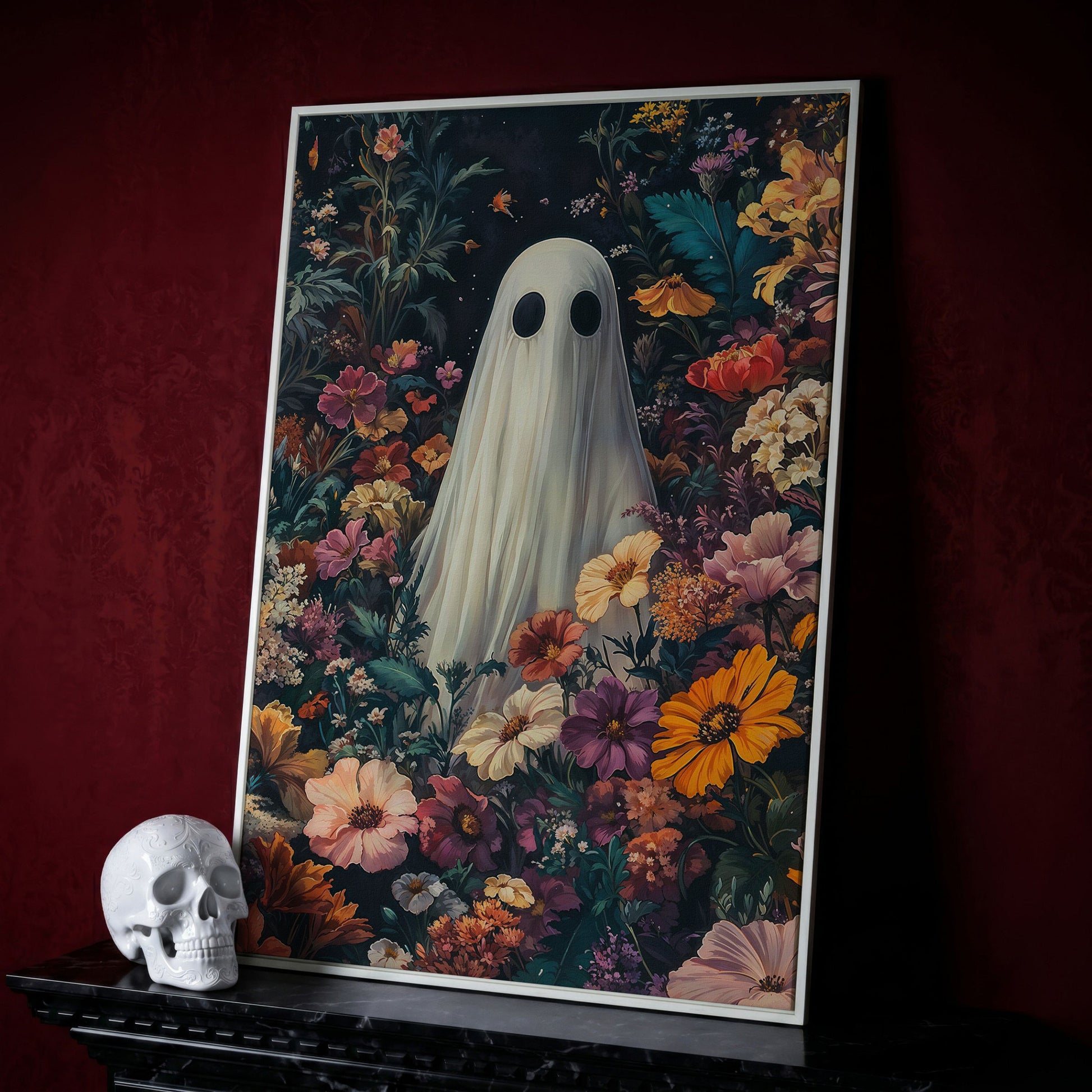 Whimsical Ghost in Floral Garden Canvas in white floating frame