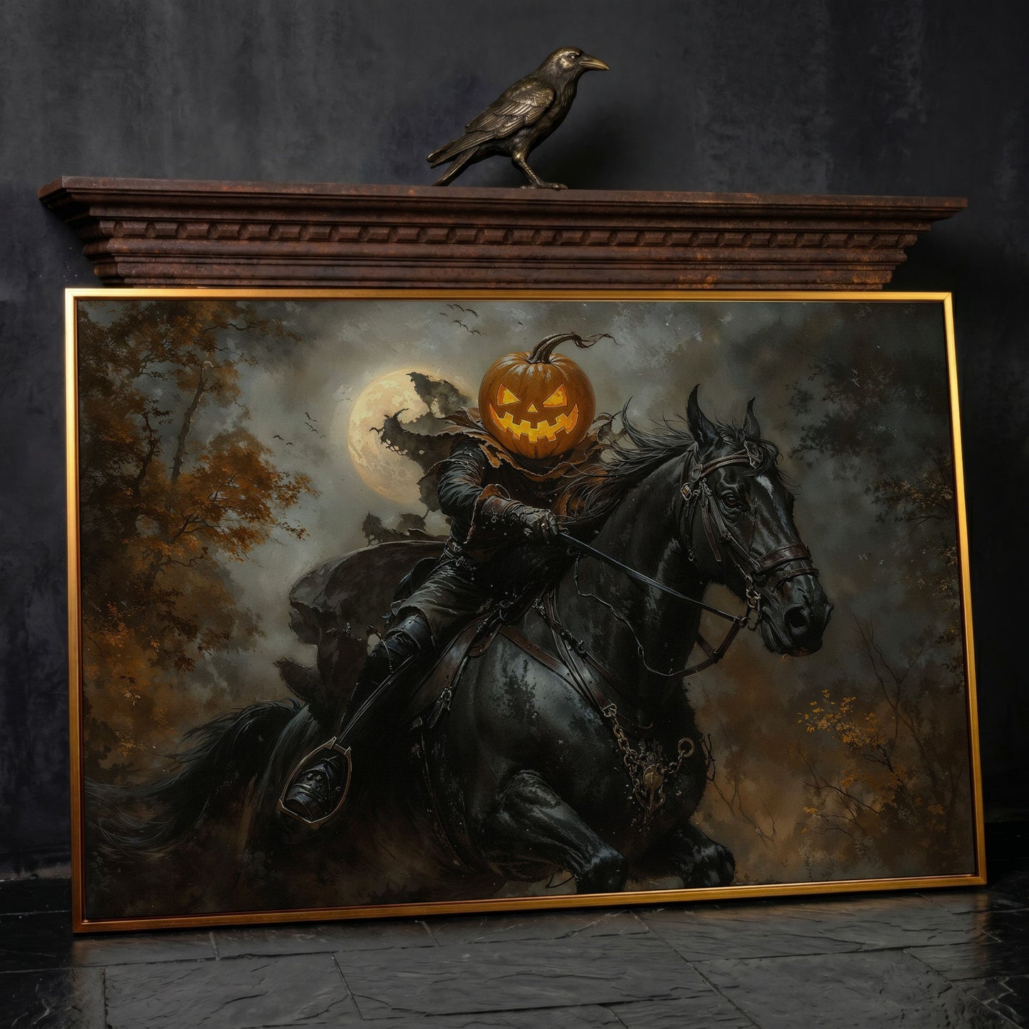 Pumpkin Head Horseman Canvas in antique gold floating frame
