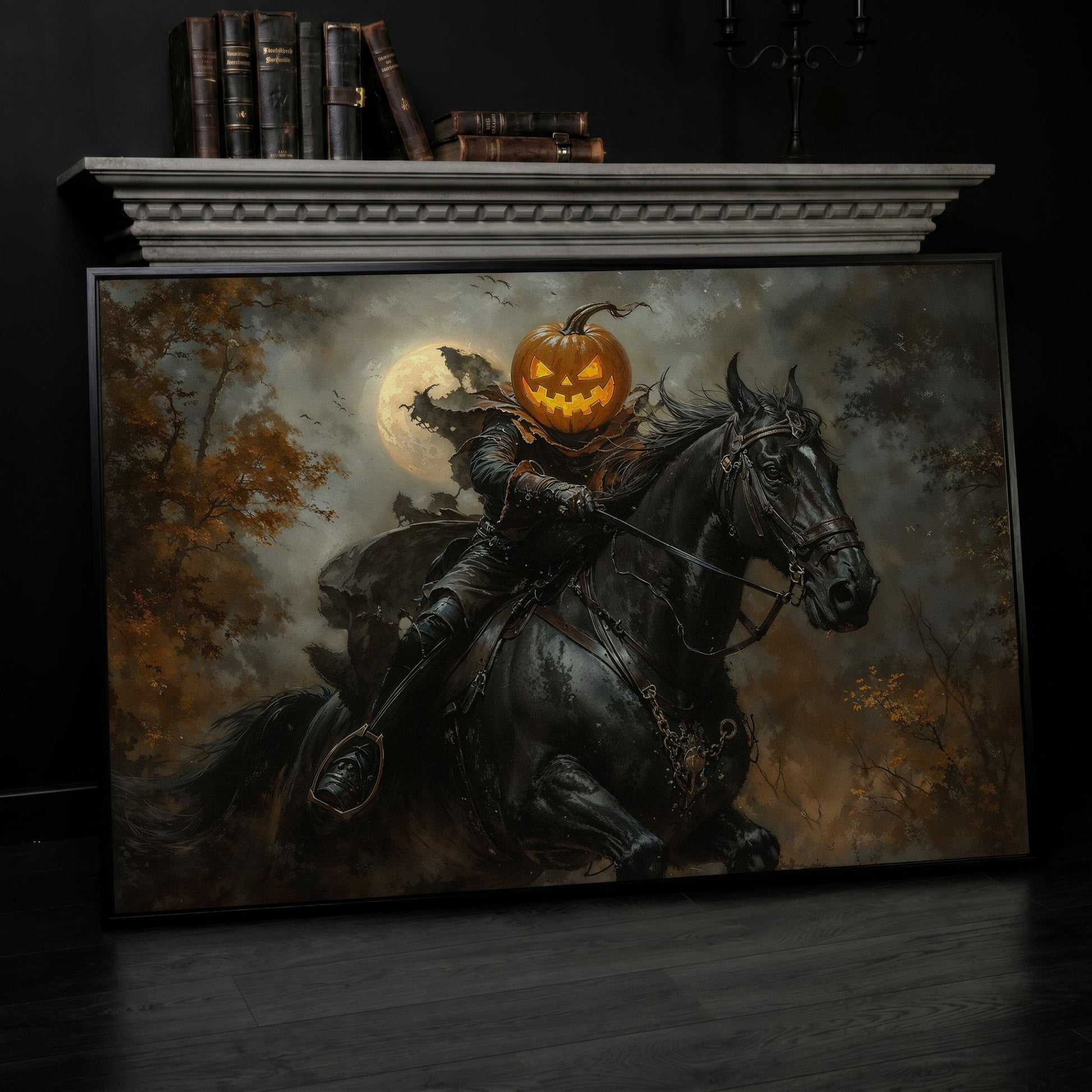 Pumpkin Head Horseman Canvas in black floating frame