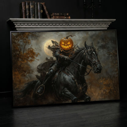 Pumpkin Head Horseman Canvas in black floating frame