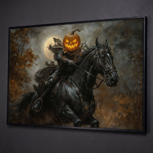 Pumpkin Head Horseman Canvas shown in black floating frame