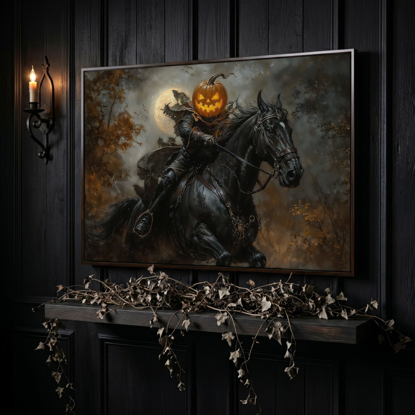 Pumpkin Head Horseman Canvas in dark walnut floating frame